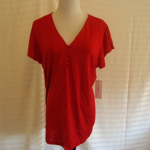 NWT LIZ CLAIBORNE 5 Button V-Neck Flutter Sleeves Rounded Hem Red Top Sz L - Picture 1 of 5
